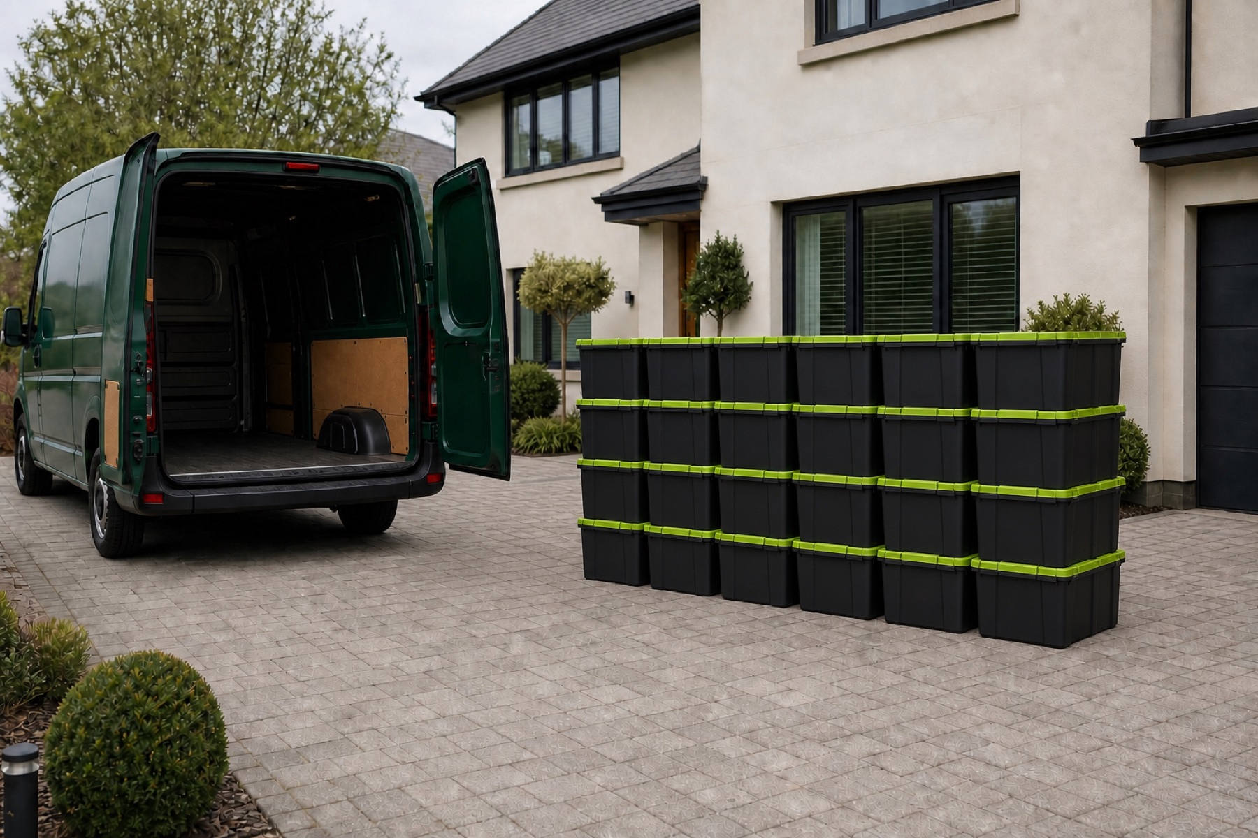Family Move Plus: 55 reusable moving boxes shown beside a delivery van