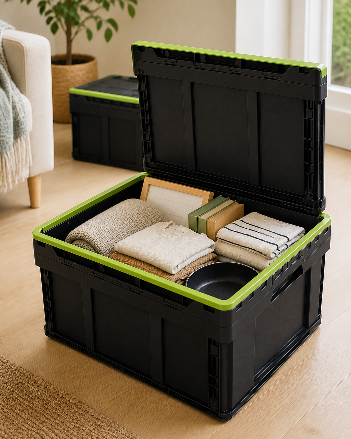 An open reusable moving box packed with folded clothes, towels, books, a framed item and a small kitchen pan
